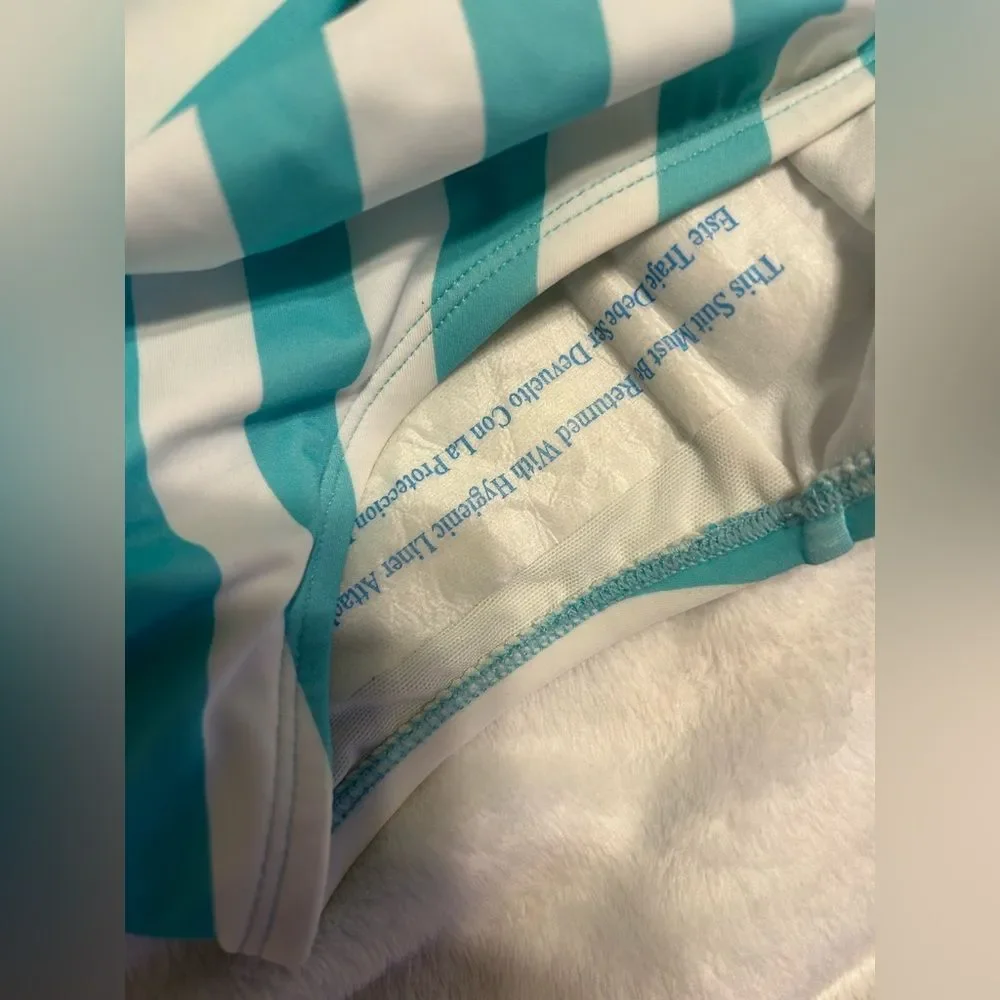 NWT Kona Sol Aqua and White Striped One Piece Swimsuit